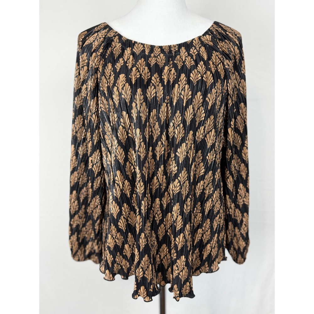 Chico's Women Blouse XL Black Gold Leaf Print Micro Pleated Scoop Neck Top